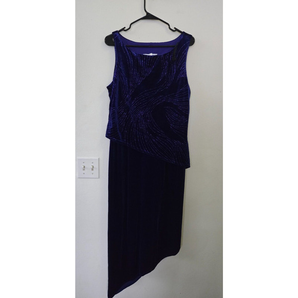Vintage Jessica Howard Deep Purple Velvet Dress Size 14 Asymmetrical Hem Sparkli - Picture 1 of 11